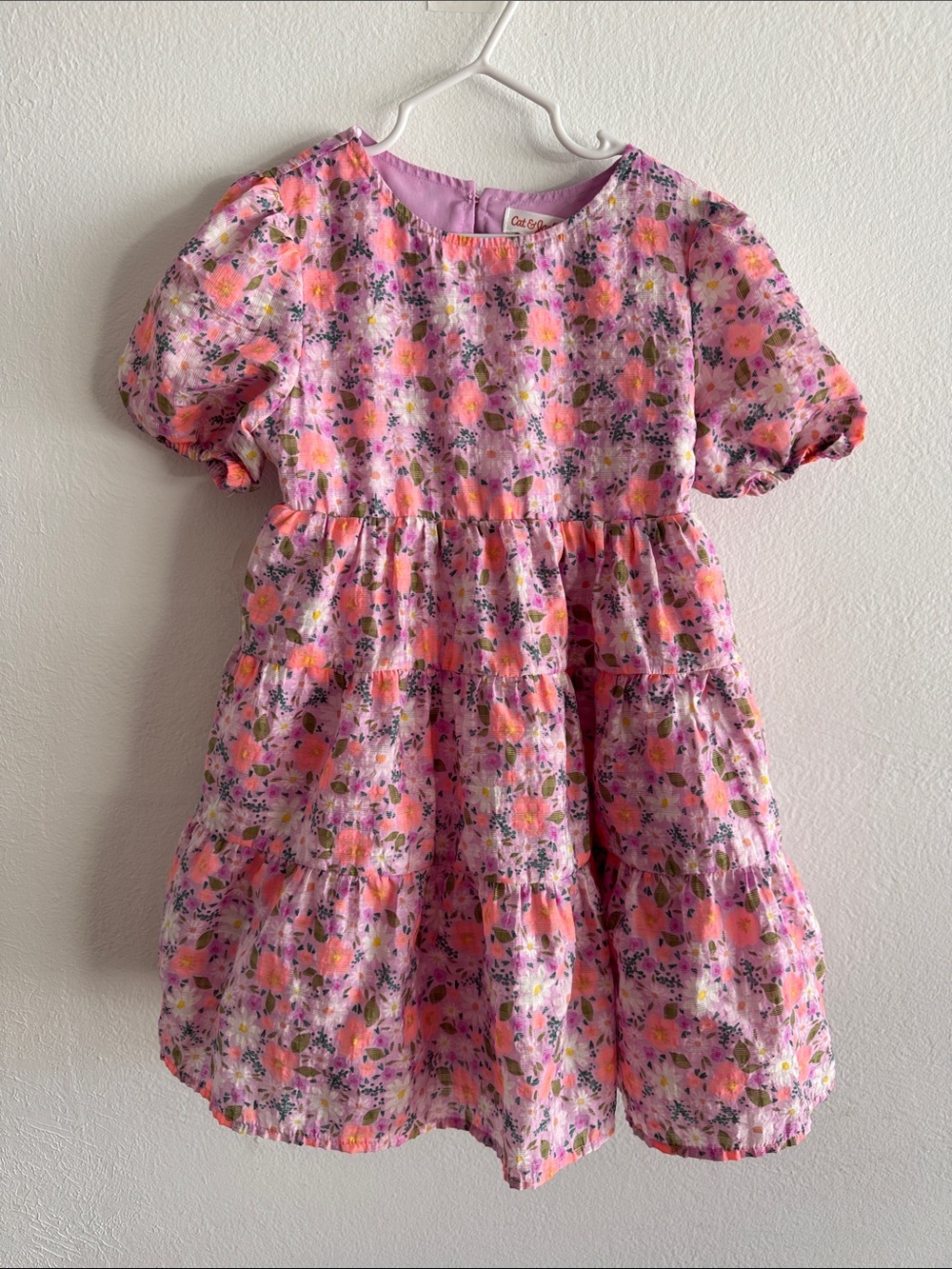 Cat & Jack Girls Pink Floral Puff-Sleeve Tiered key hole Dress size S